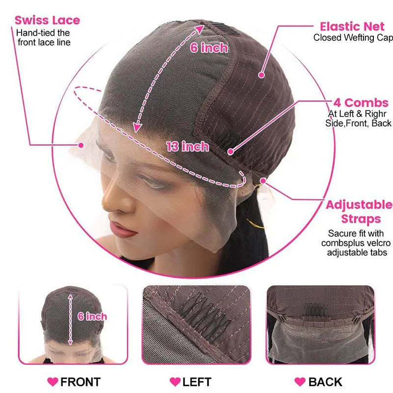 Straight black human hair wig with a 13x6 lace front, shown at a medium length.