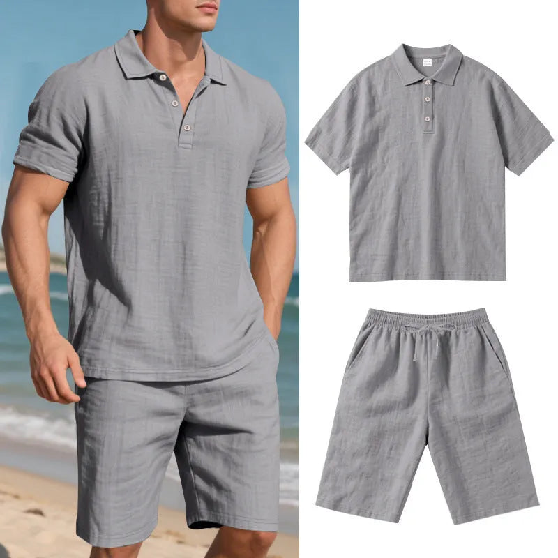 Men's light-coloured linen shorts suit with short sleeve top and matching shorts for summer casual wear