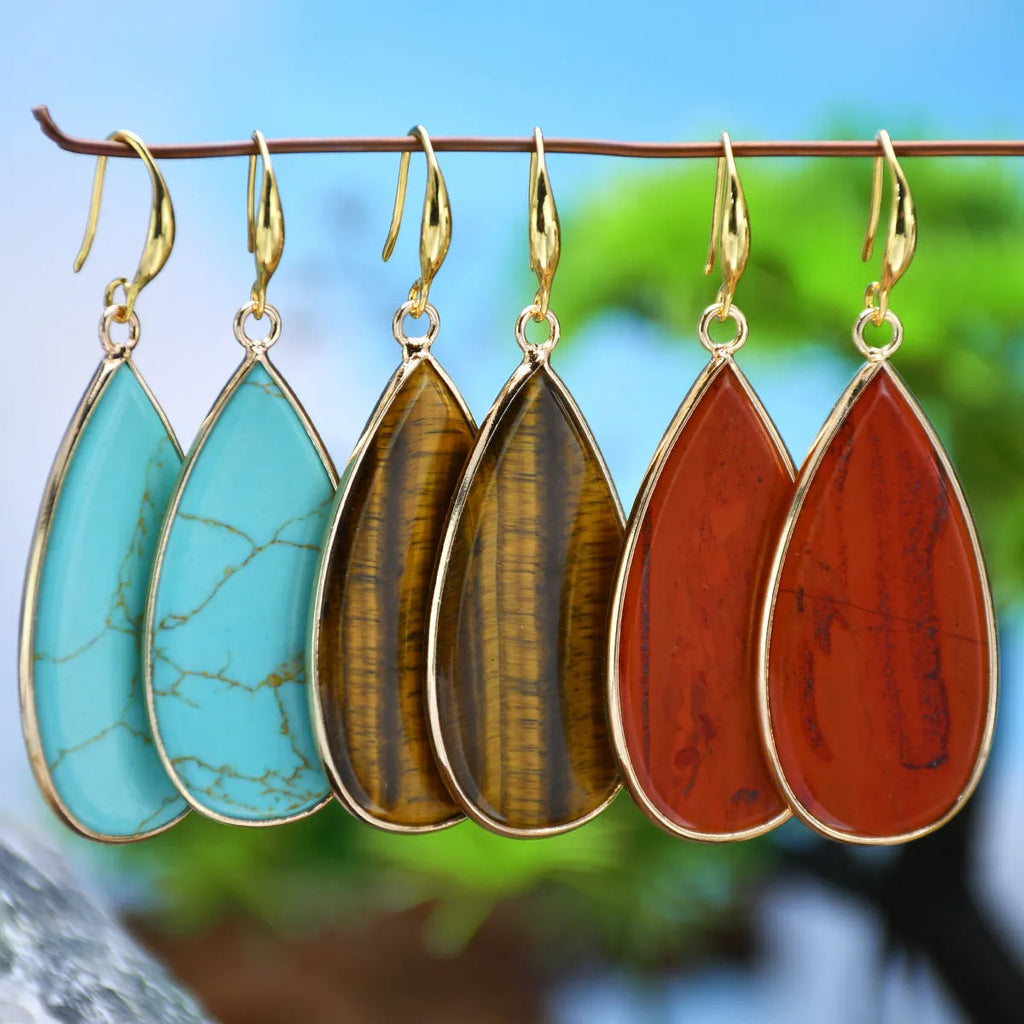 Vintage drop-shaped stone earrings in tigereye, amethyst, or turquoise with water droplet design