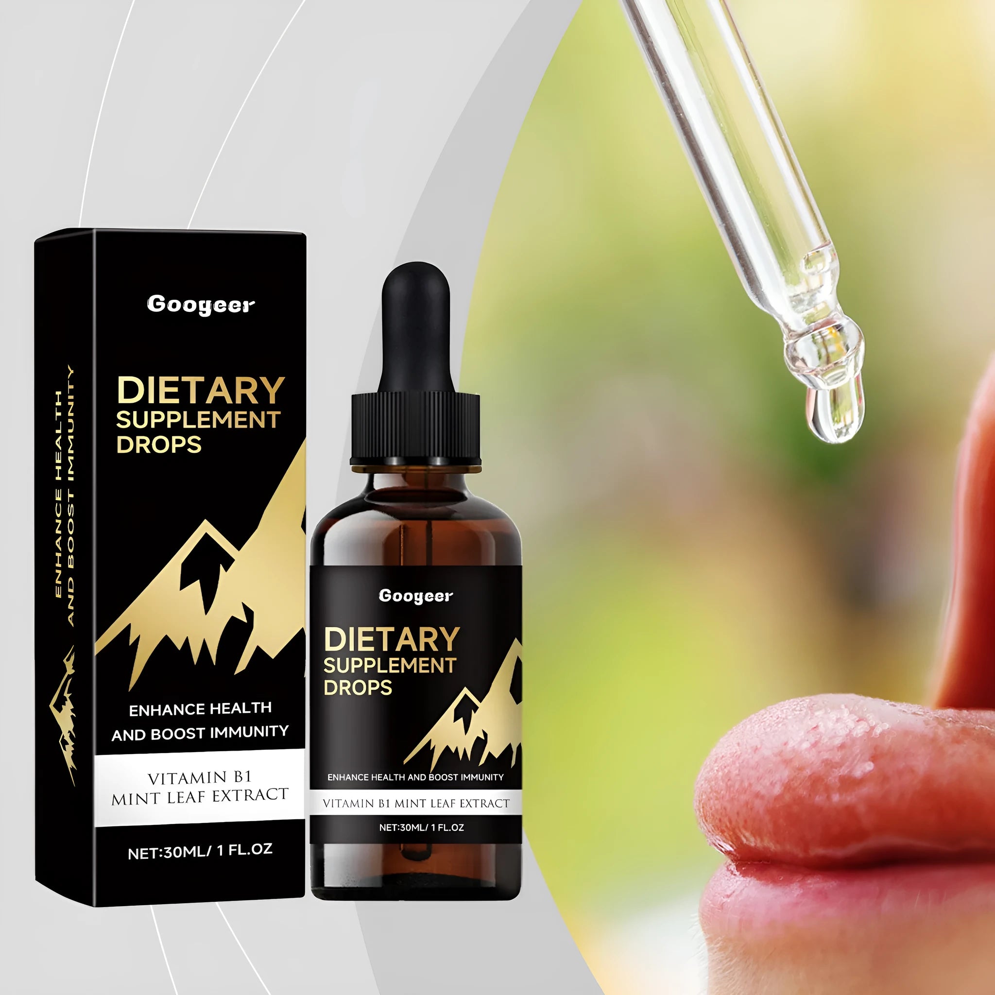 Bottle of dietary supplement drops with dropper for measured liquid nutrition servings