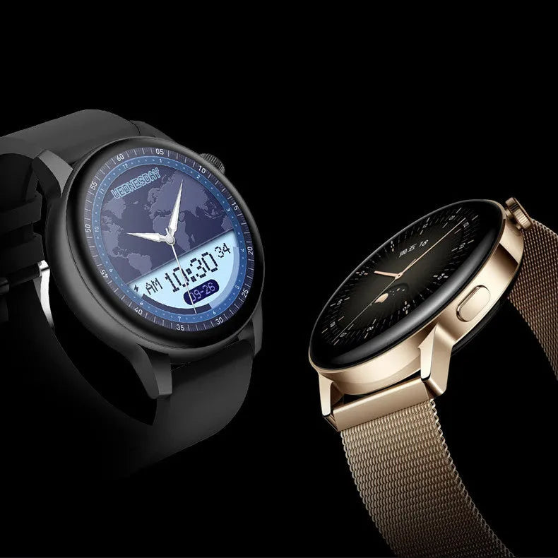 Black smart watch with 1.30-inch colour screen and stainless steel case on wrist