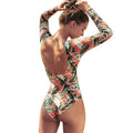 Women's backless one-piece swimsuit with floral leaf print in polyester fabric
