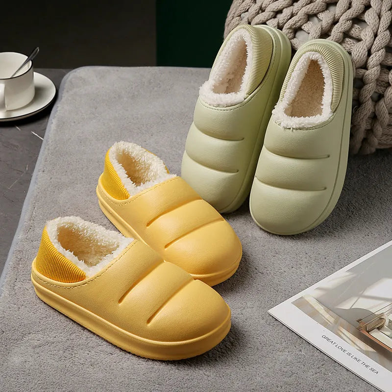 Waterproof EVA winter slippers with plush lining in multiple colours showing non-slip soles