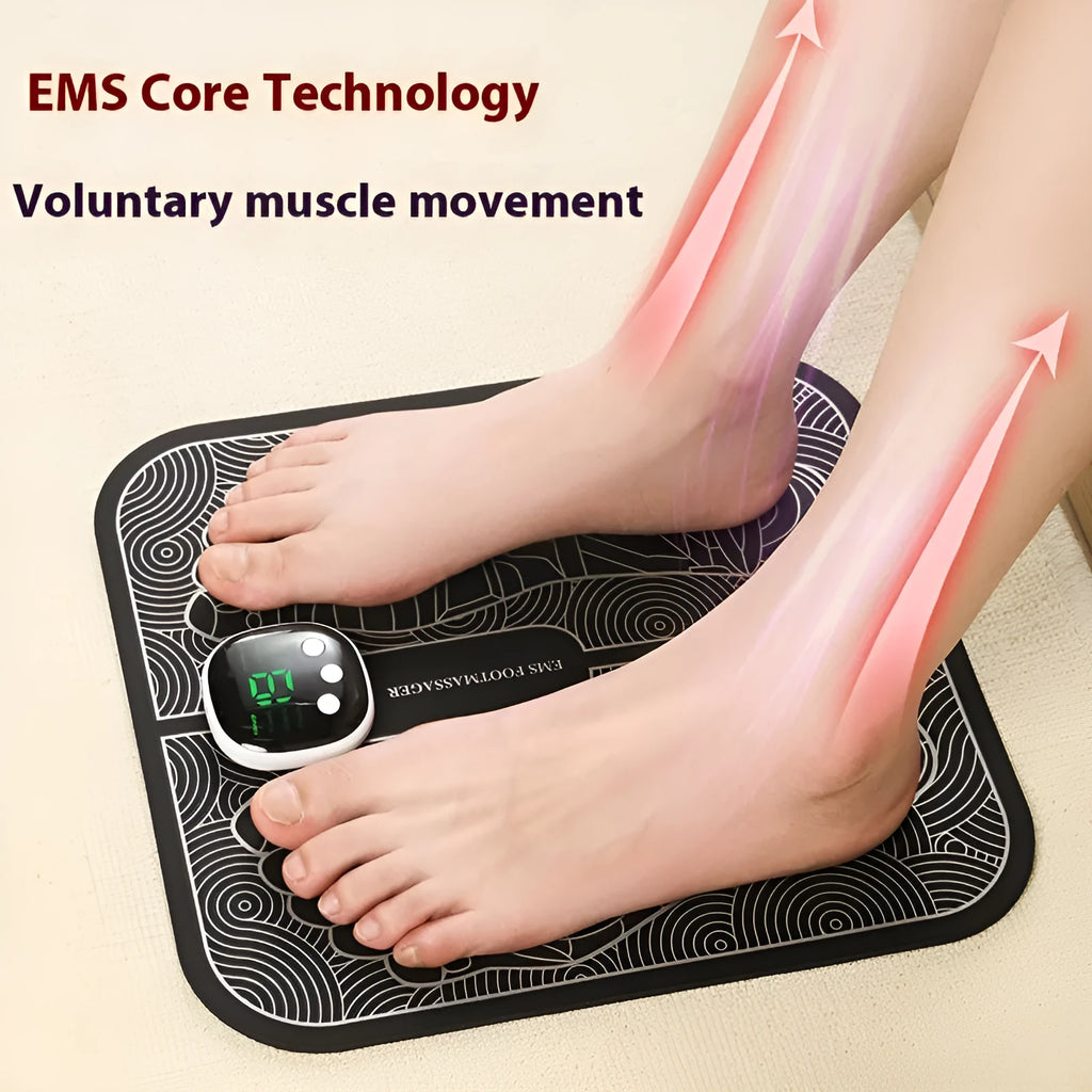 Blue rechargeable foot massager mat with USB cable and push-button controls on a floor.