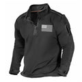 Men's grey zip-front stand collar long-sleeved polyester sweater laid flat.