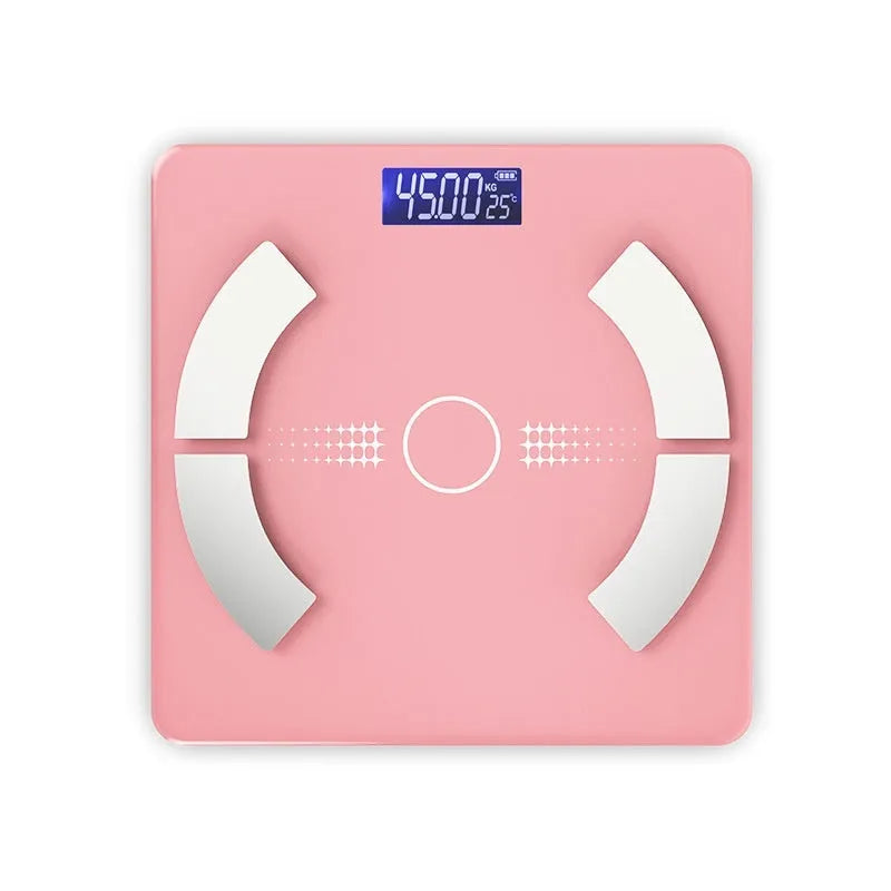 Smart Bluetooth rechargeable body fat scale in white, on a bathroom floor.