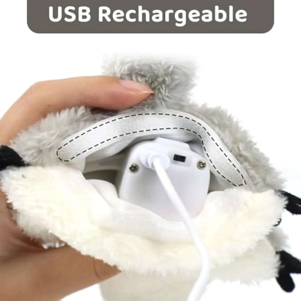 Grey plush squirrel cat toy with flapping wings, shown with a USB charging cable.