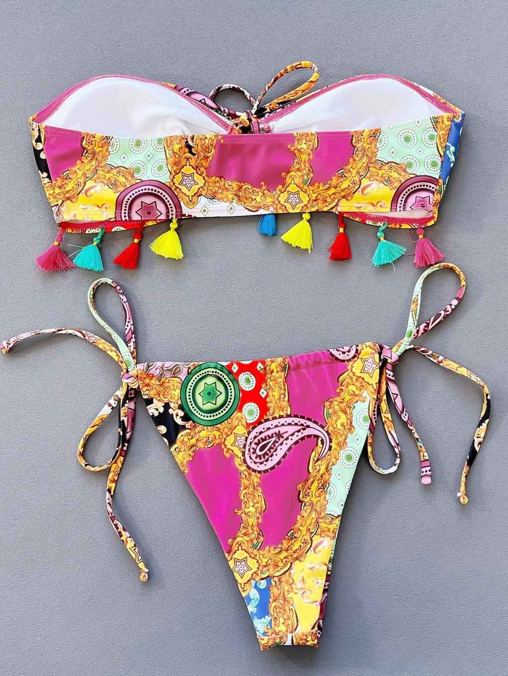 Women's separated swimwear printing bikini set with tube top and briefs