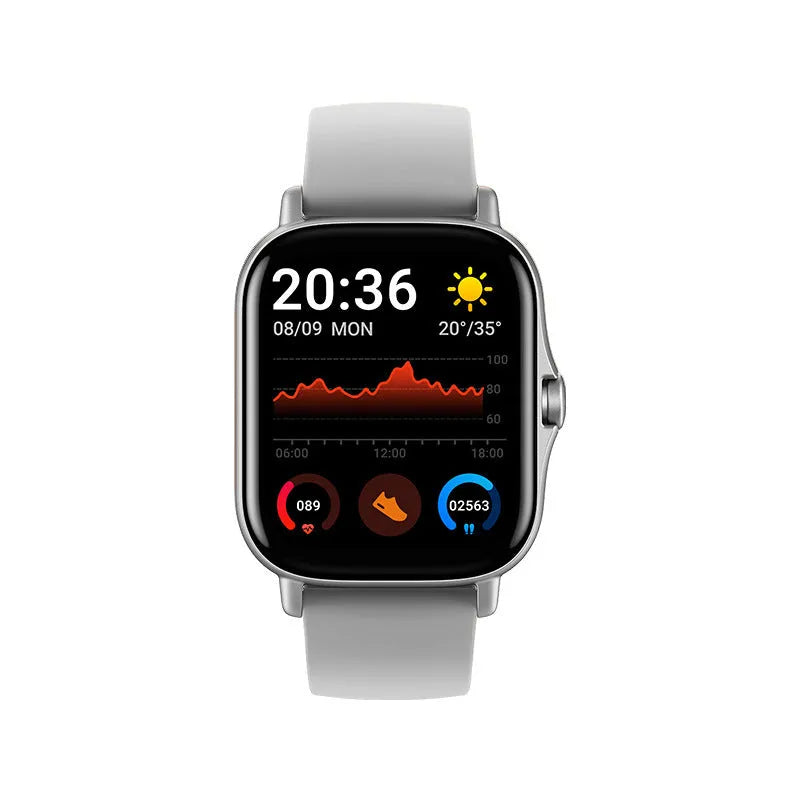 GT20 black smartwatch with silicone strap showing health stats on 1.75-inch screen