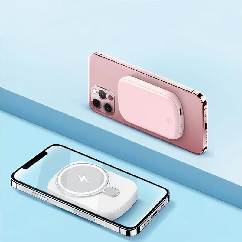 MagSafe magnetic wireless power bank in black, pink, white, or purple with creative design plastic shell.