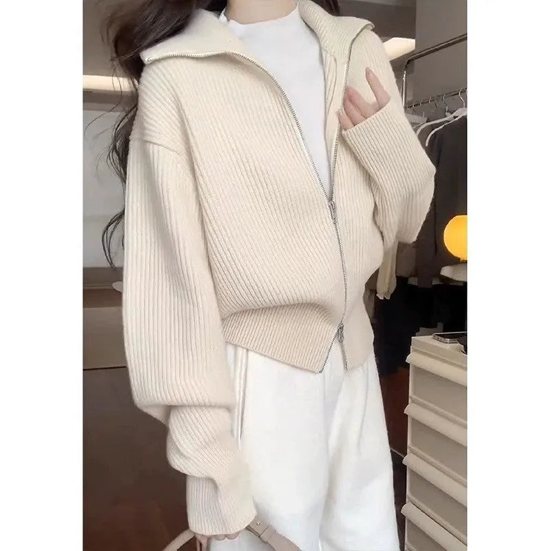 Hong Kong style double zipper knitted cardigan with floral decoration in loose fit free size