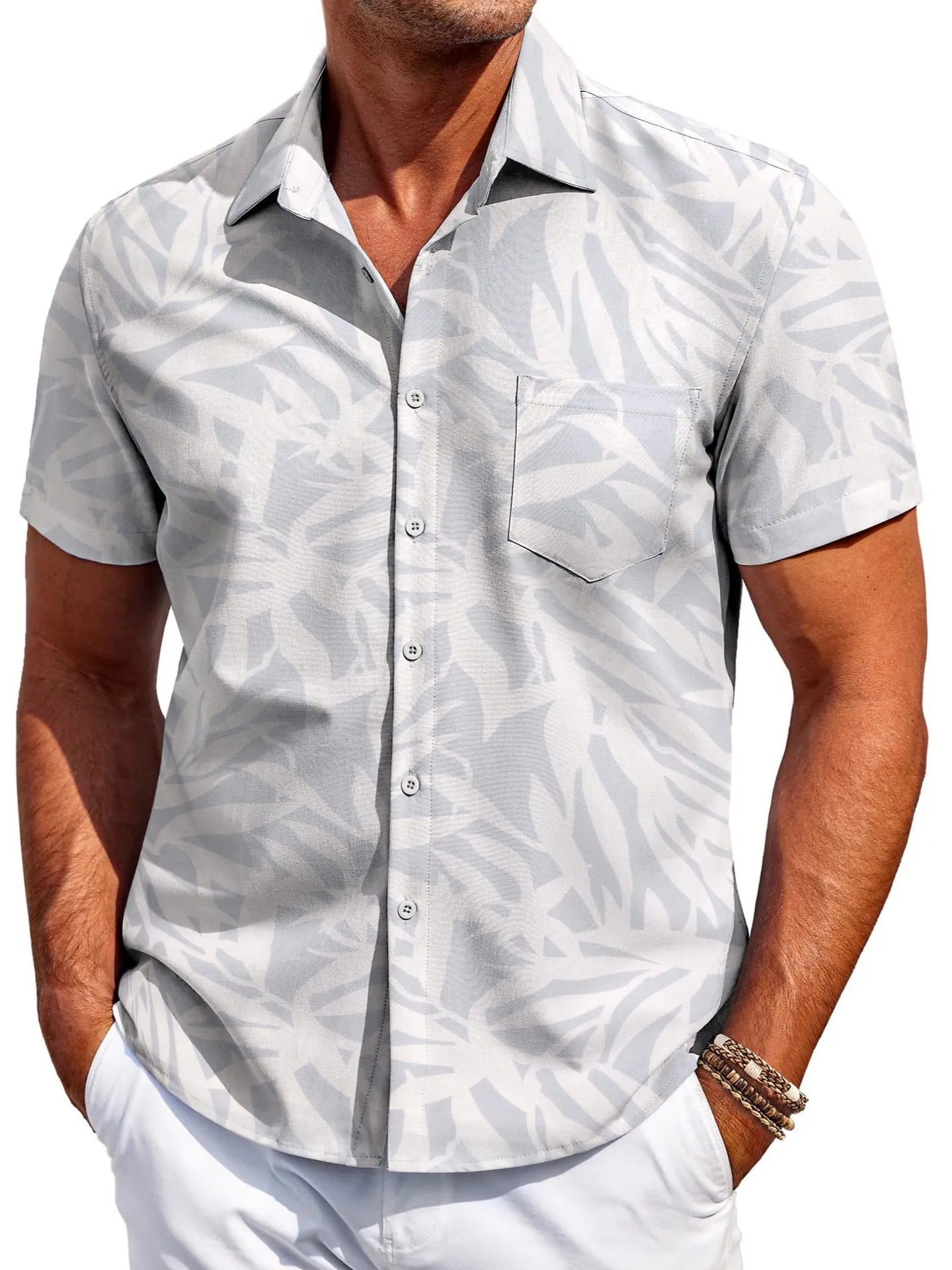 Men's slim fit short sleeve shirt cardigan in elastic polyester fabric on a hanger.