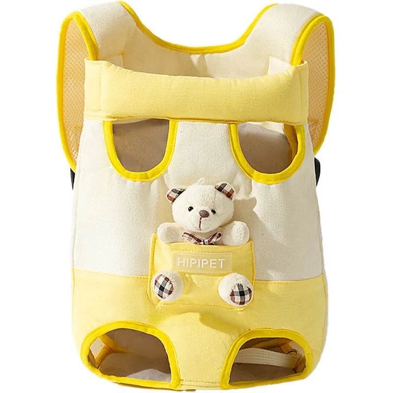 Cartoon animal pet chest bag in soft canvas with ribbon trim, available in four sizes and colour patterns