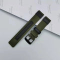 Oxford cloth canvas watch strap shown in camouflage colour next to sizing options for 20mm, 22mm, and 24mm widths.