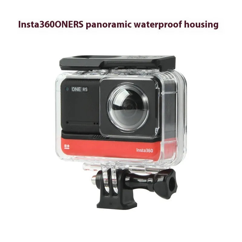Transparent waterproof case for Insta360 One RS panoramic camera with dimensions showing
