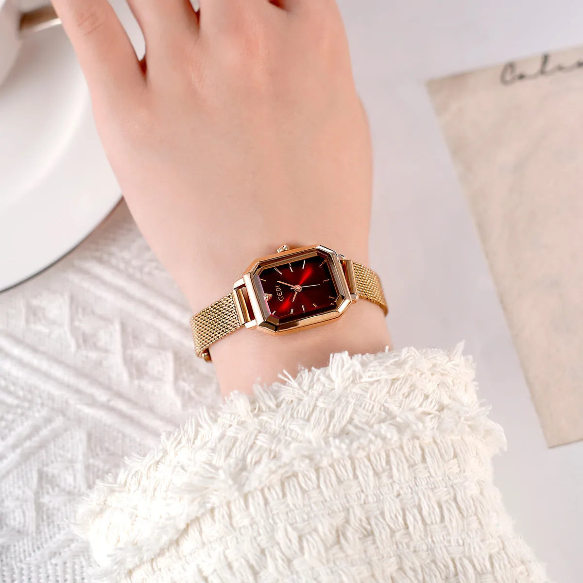 Women's square retro casual watch with rose gold case in six colour variations