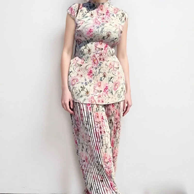 Women's long sleeve printed chiffon two-piece dress with high waist, shown in picture colour.