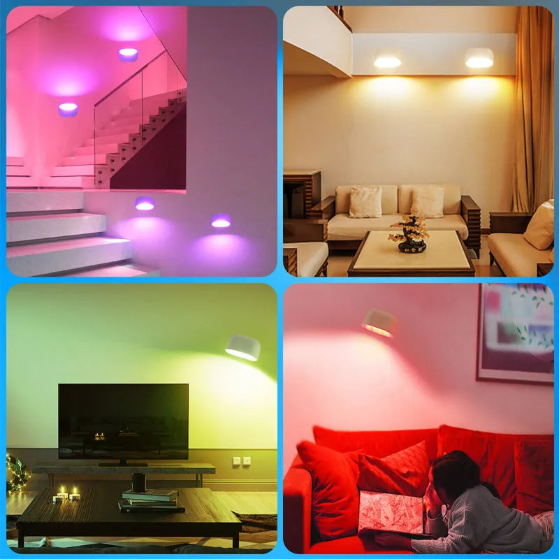 White oval magnetic wall lamp with remote control showing colour changing illumination