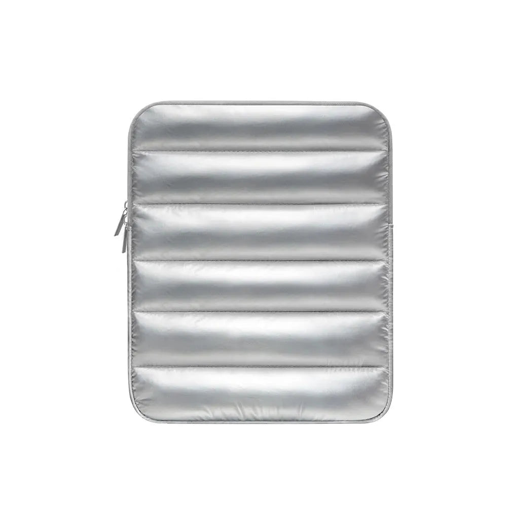 Fluffy puff bag laptop sleeve for 9.7-11 inch devices in black, khaki, or silver with elastic sides.