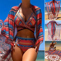 Women's three-piece swimsuit set with cutout blouse and high-waist briefs in polyester fabric