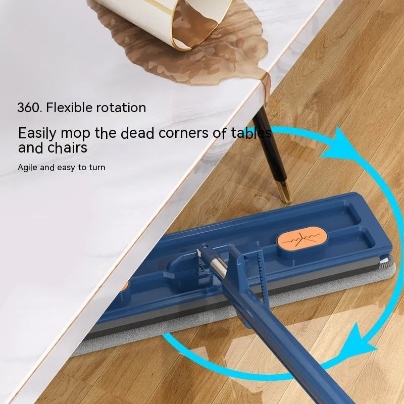 Large flat mop with long stainless steel handle and blue fine fibre cloth attached to a 360-degree rotating head.