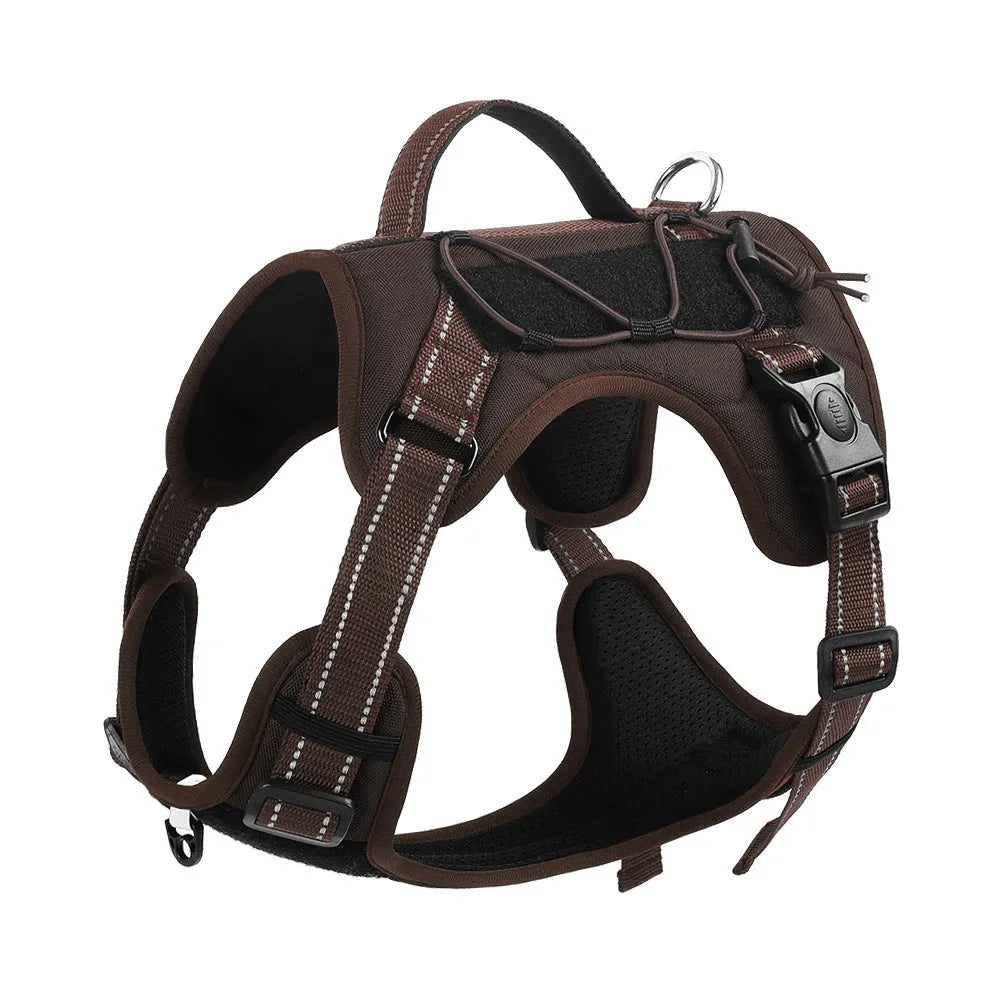 Orange reflective dog vest harness with integrated black hand-holding rope and adjustable straps.