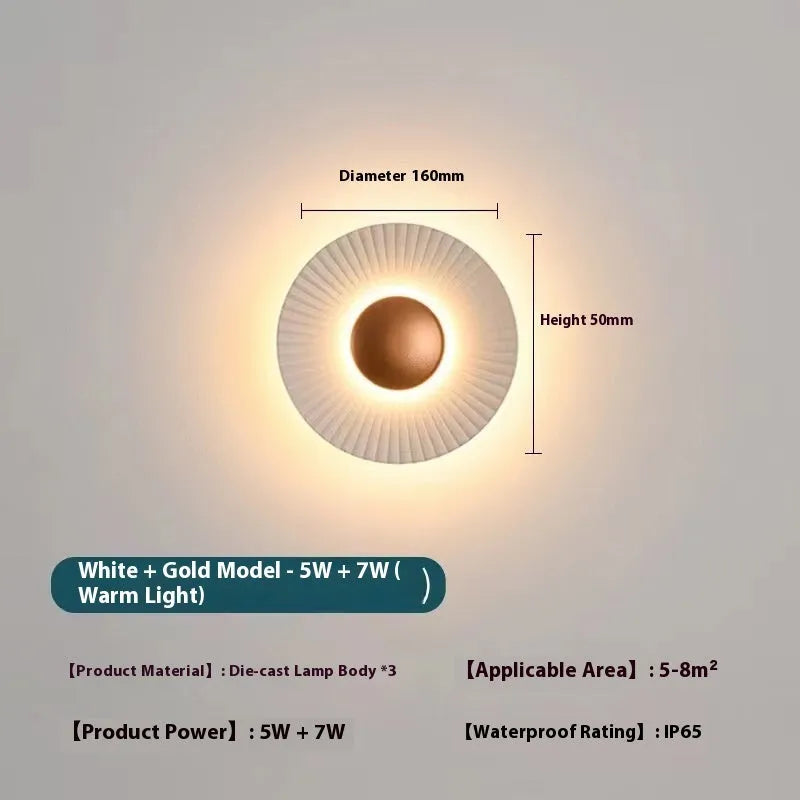 Round aluminium wall lamp with LED light source in multiple colour combinations for bedroom or living room