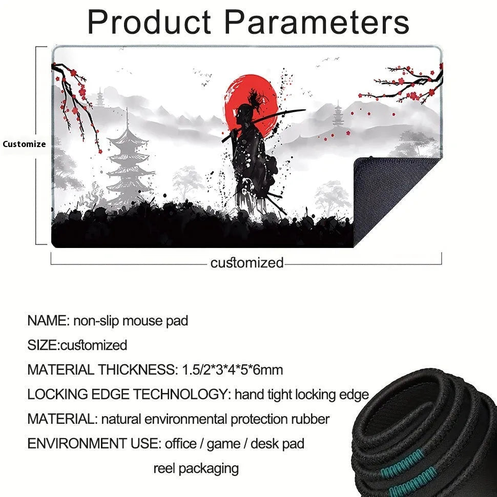 Japanese samurai pattern gaming mouse pad with cloth surface and non-slip base in various size configurations