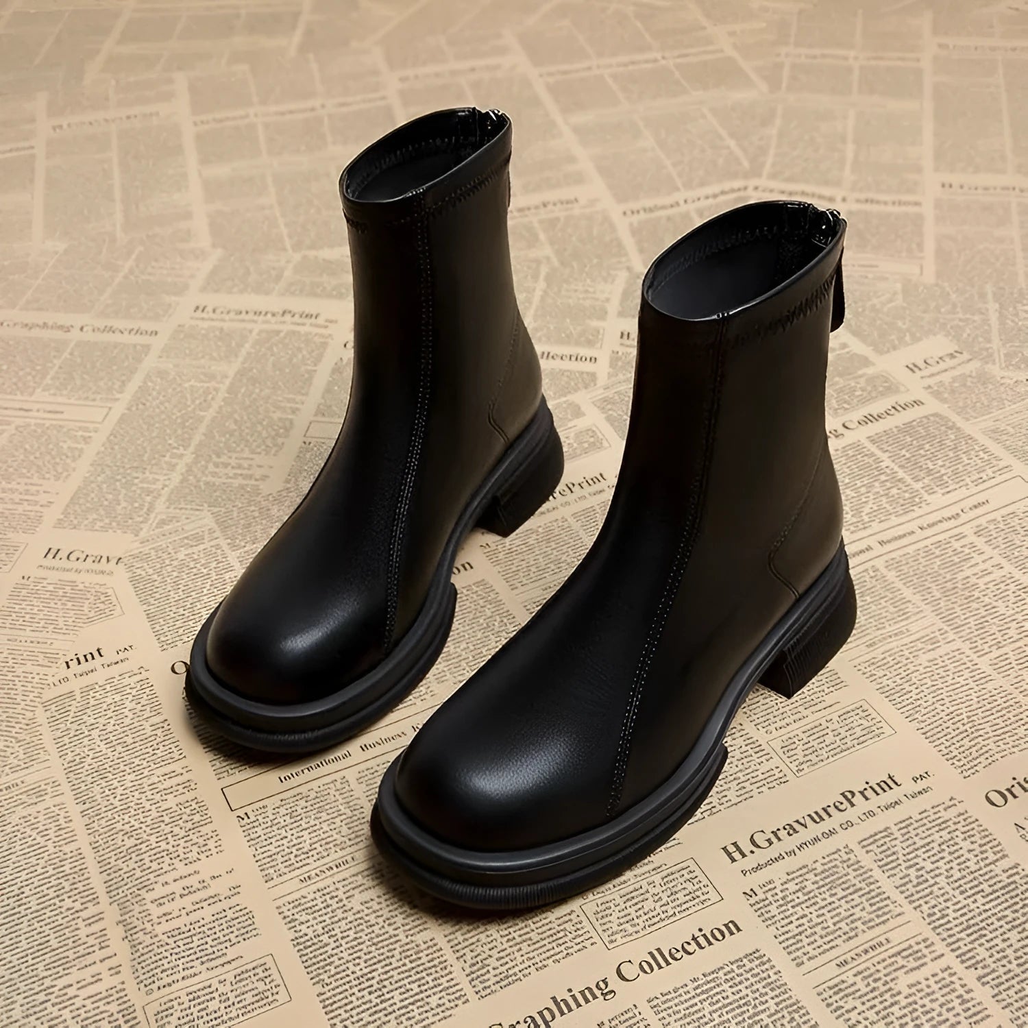 Women's flat heel ankle boots with back zipper in artificial PU, rounded toe design