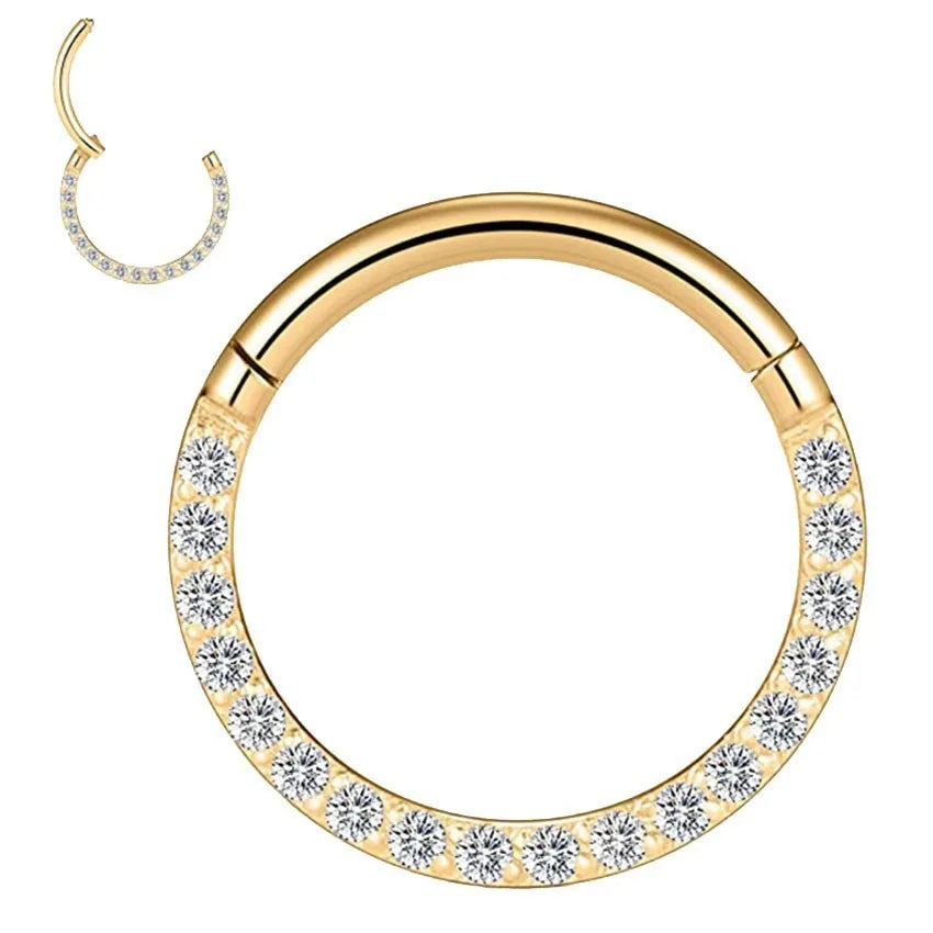 A seamless stainless steel nose ring hoop showing gold and rose gold electroplated colour options.