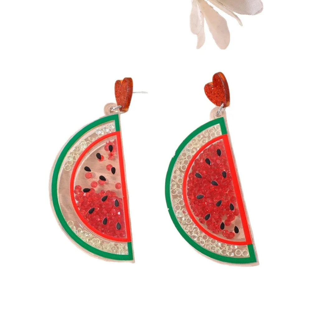 Women's acrylic earrings with cherry, strawberry, watermelon, pineapple, coconut tree, cake and ice cream charms.