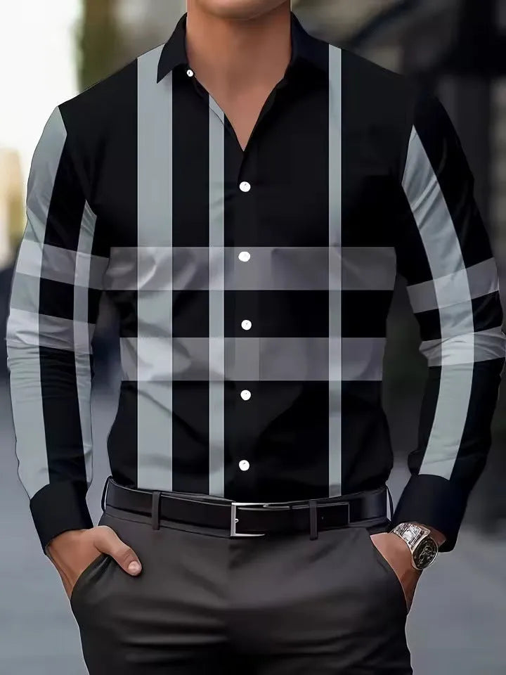 Men's striped printed long sleeve button-up shirt in polyester available in multiple colours and sizes up to 5XL