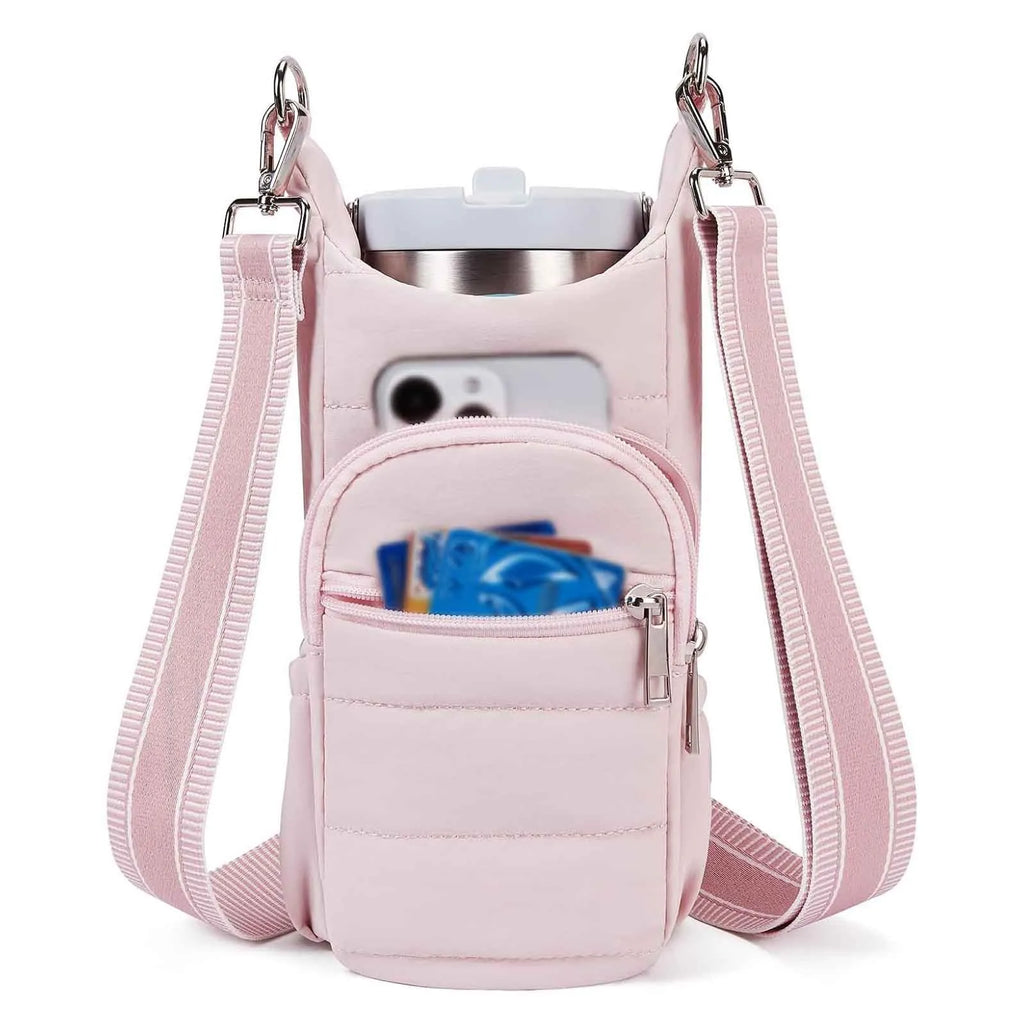 Black, pink and beige cloth water bottle bags for bicycles