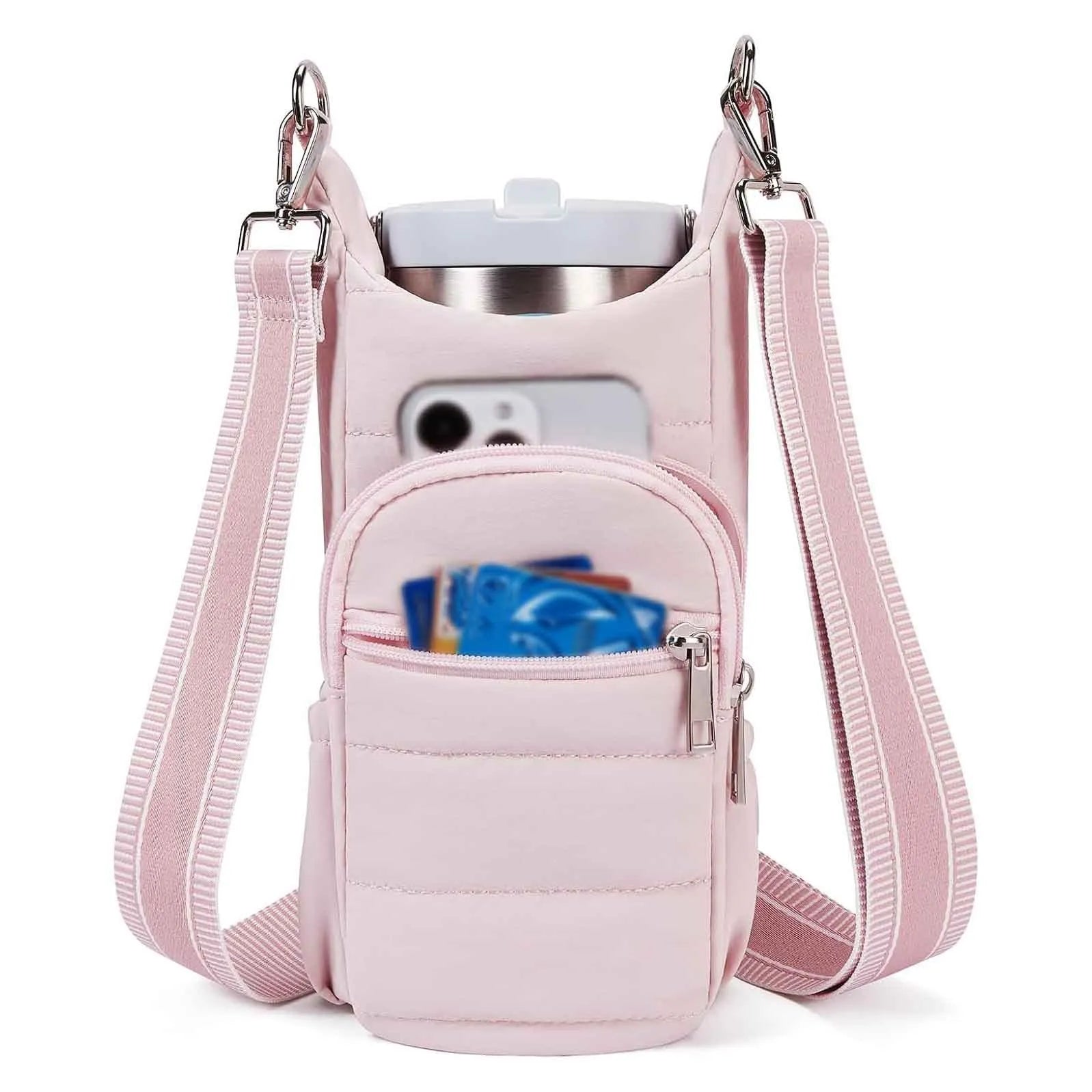 Black, pink and beige cloth water bottle bags for bicycles