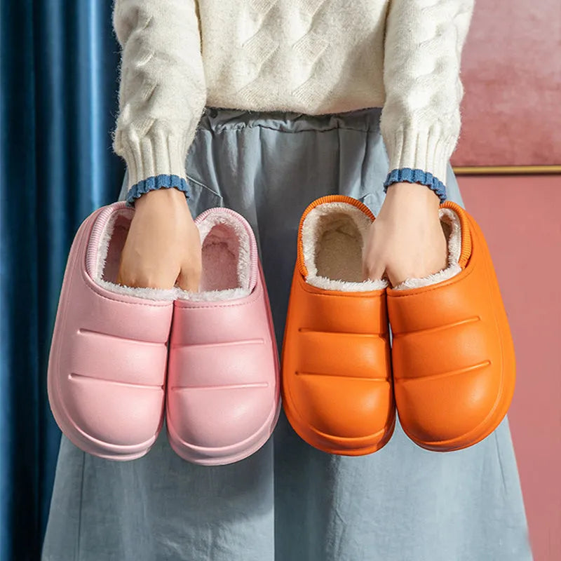 Waterproof EVA winter slippers with plush lining in multiple colours showing non-slip soles