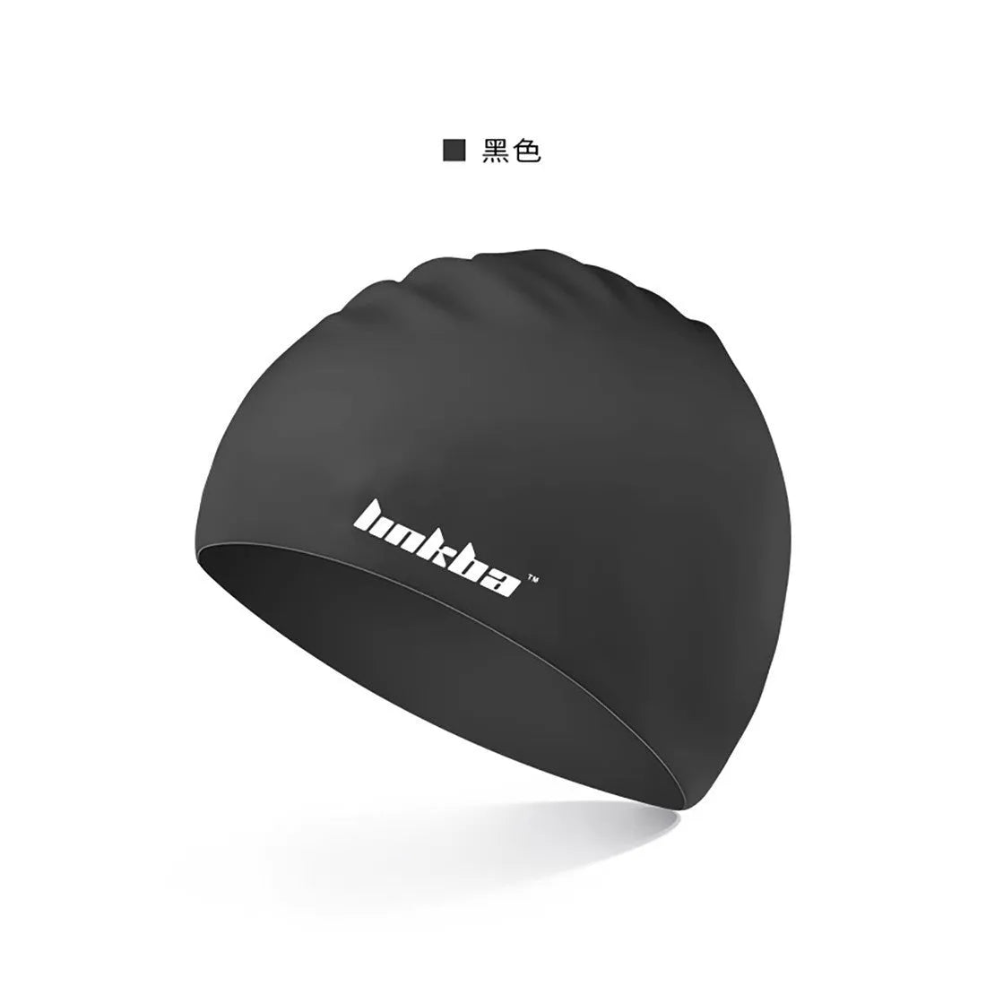 Silicone swimming cap with earmuff design and printed letters in multiple colour options