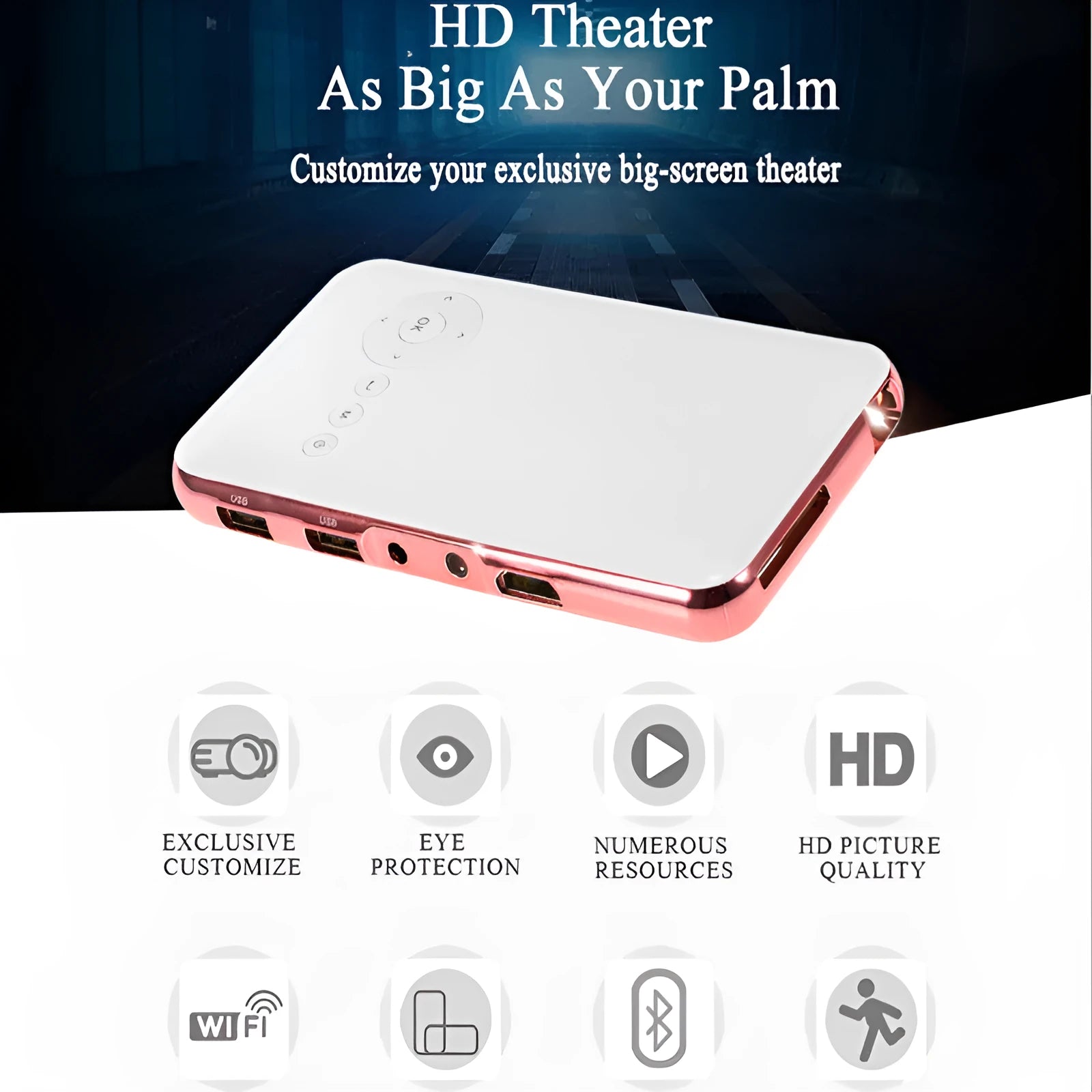White rose gold miniature DLP Android projector showing compact 145mm design with smartphone connectivity
