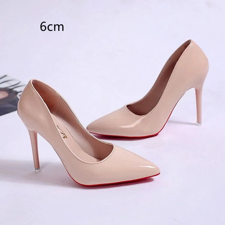 Women's pointed toe stiletto heel pumps in solid colours with shallow mouth opening