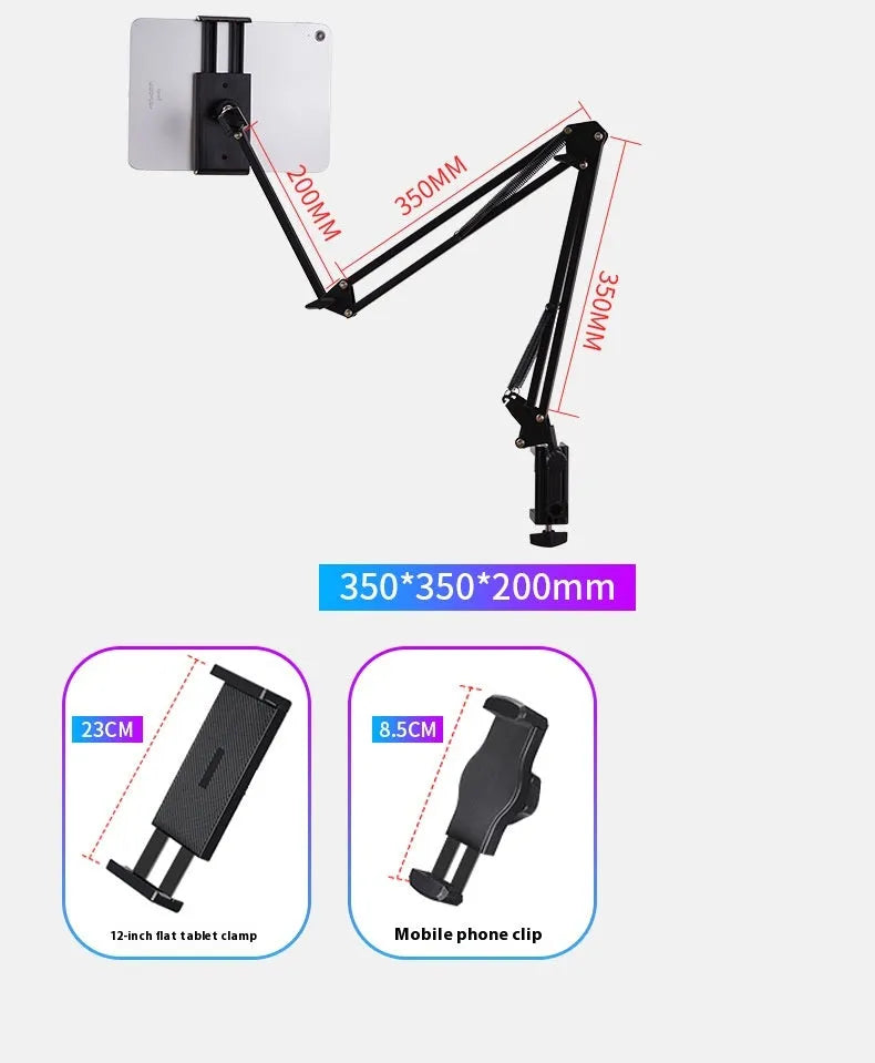Black foldable metal cantilever bracket holding a tablet on a desktop, showing adjustable arms and clamp.