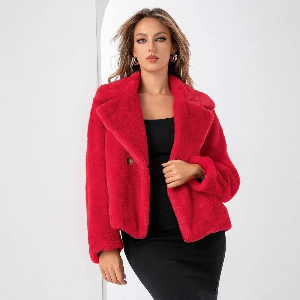 Women's short faux fur coat in loose fit with regular sleeves shown in available colours