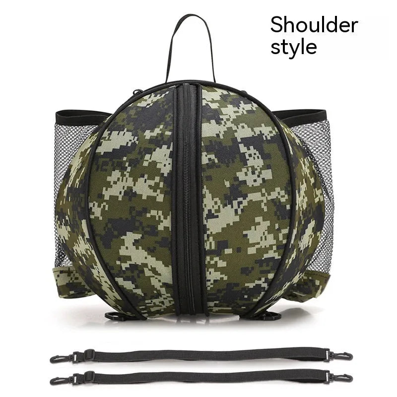 Oxford cloth basketball bag with 9L capacity in black or camouflage featuring one-shoulder and two-shoulder straps