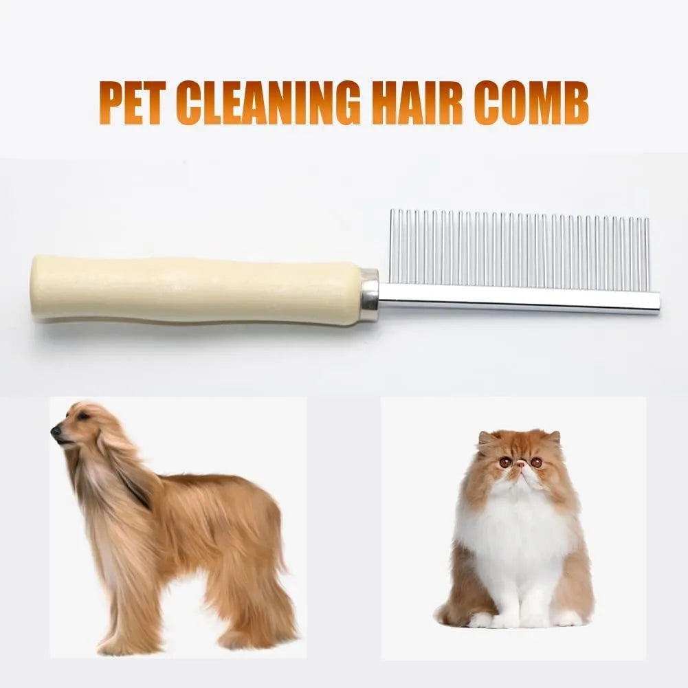 Wooden handle pet grooming comb for dogs and cats on a plain background.